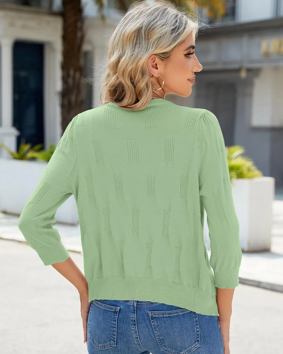 3/4 Sleeve Cardigan for Women Lightweight Summer Cardigan Open Front Cropped Shrugs Knit Sweater Tops