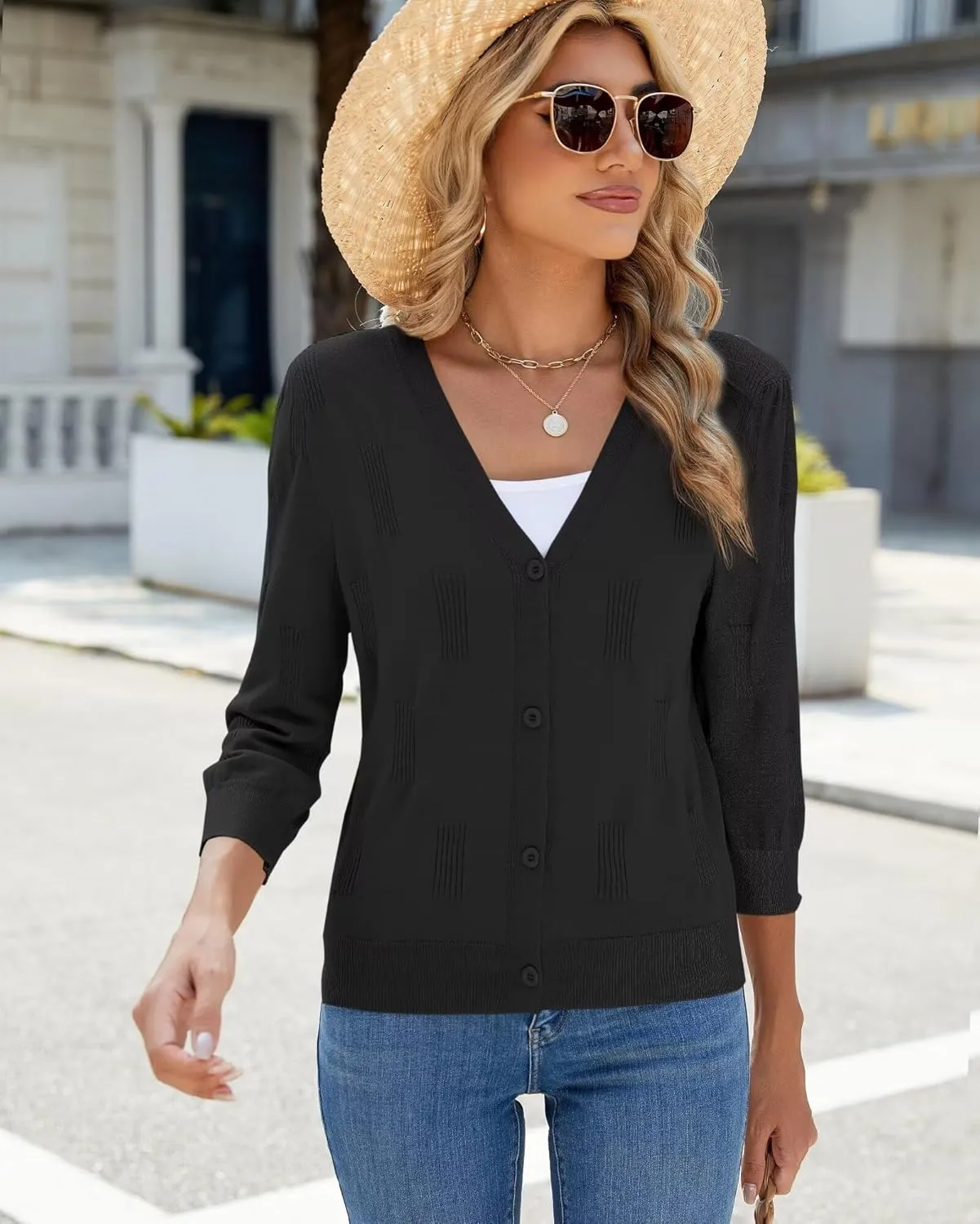 3/4 Sleeve Cardigan for Women Lightweight Summer Cardigan Open Front Cropped Shrugs Knit Sweater Tops