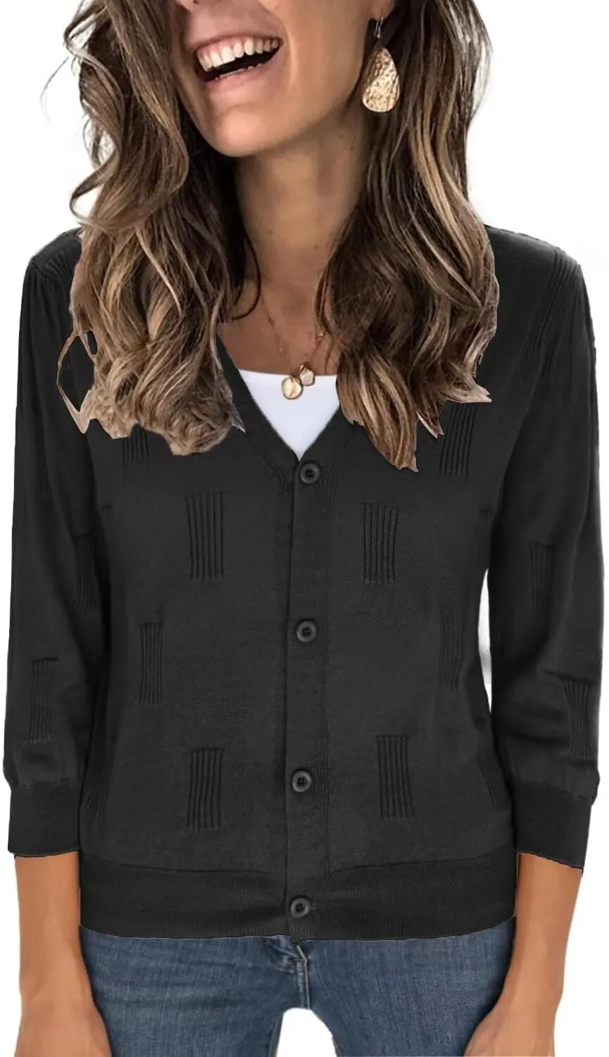 3/4 Sleeve Cardigan for Women Lightweight Summer Cardigan Open Front Cropped Shrugs Knit Sweater Tops