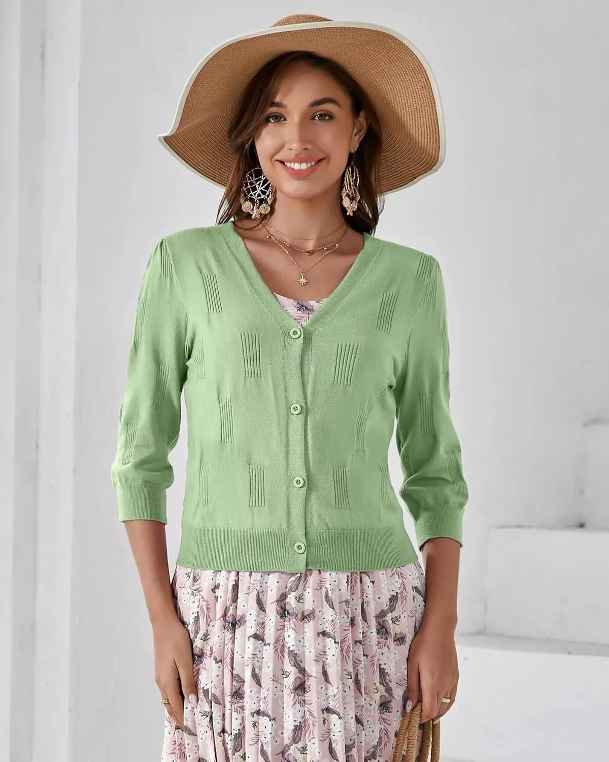3/4 Sleeve Cardigan for Women Lightweight Summer Cardigan Open Front Cropped Shrugs Knit Sweater Tops