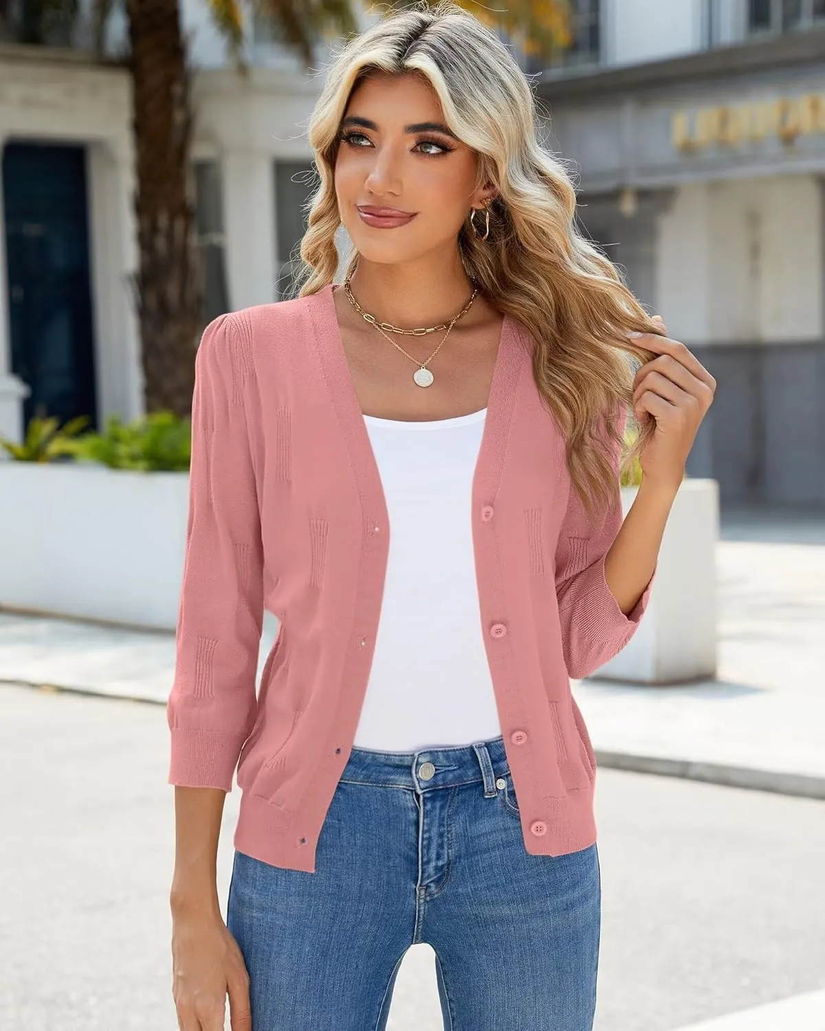 3/4 Sleeve Cardigan for Women Lightweight Summer Cardigan Open Front Cropped Shrugs Knit Sweater Tops