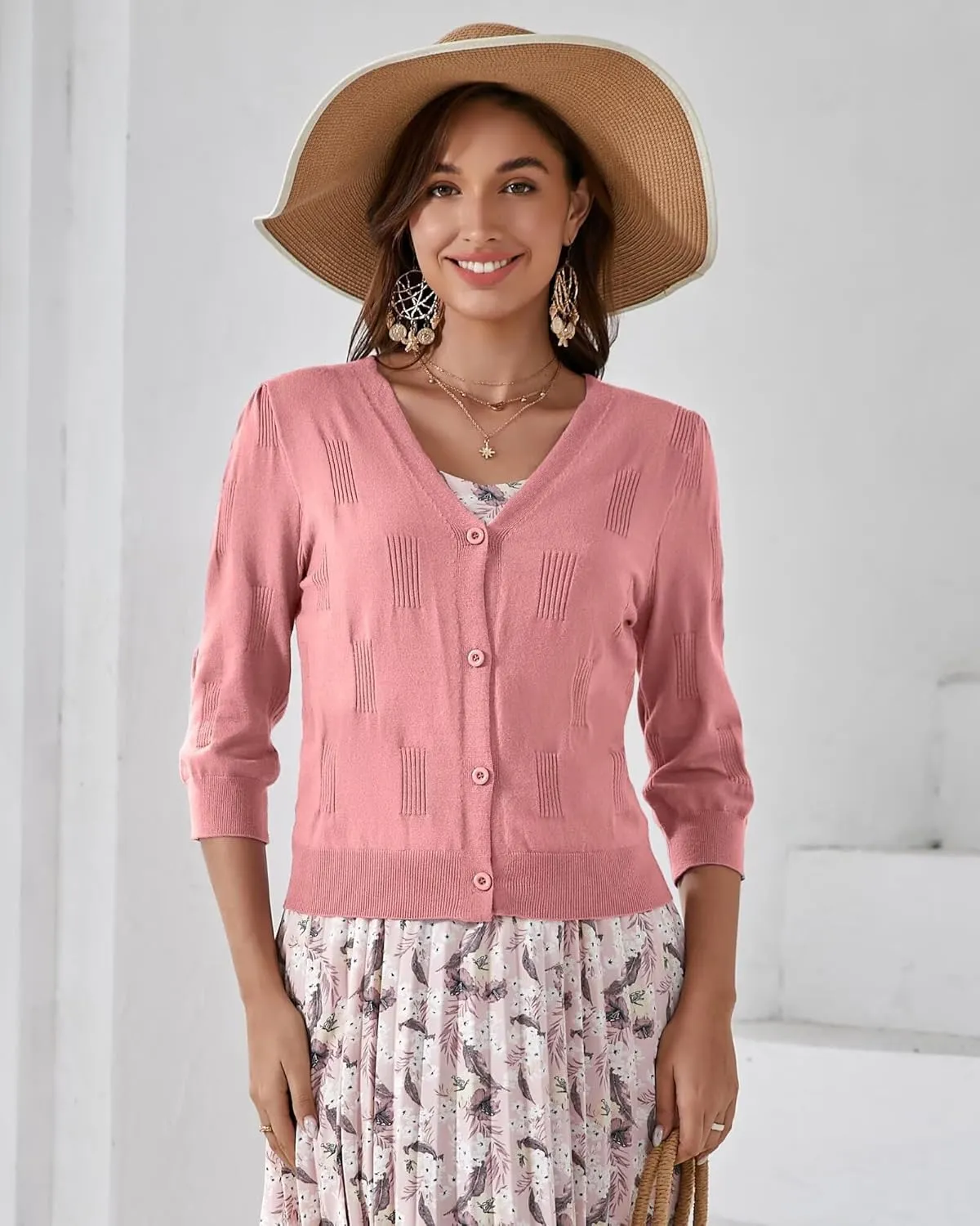 3/4 Sleeve Cardigan for Women Lightweight Summer Cardigan Open Front Cropped Shrugs Knit Sweater Tops