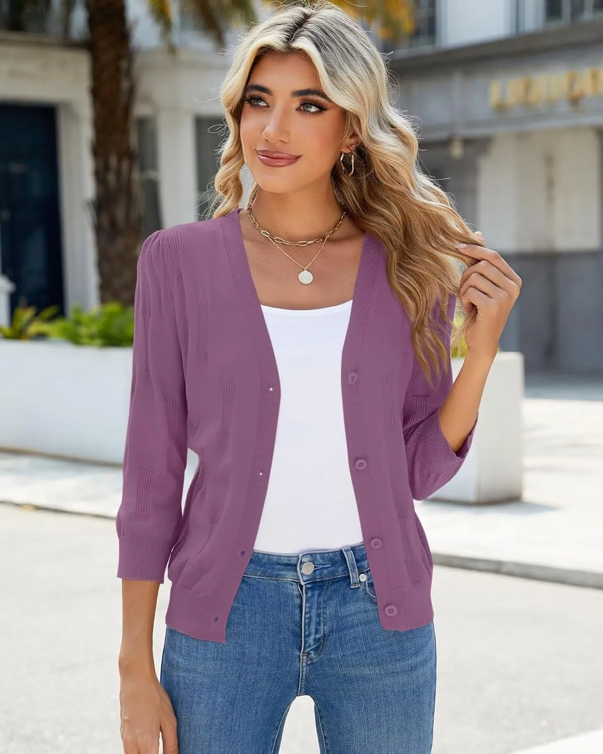 3/4 Sleeve Cardigan for Women Lightweight Summer Cardigan Open Front Cropped Shrugs Knit Sweater Tops