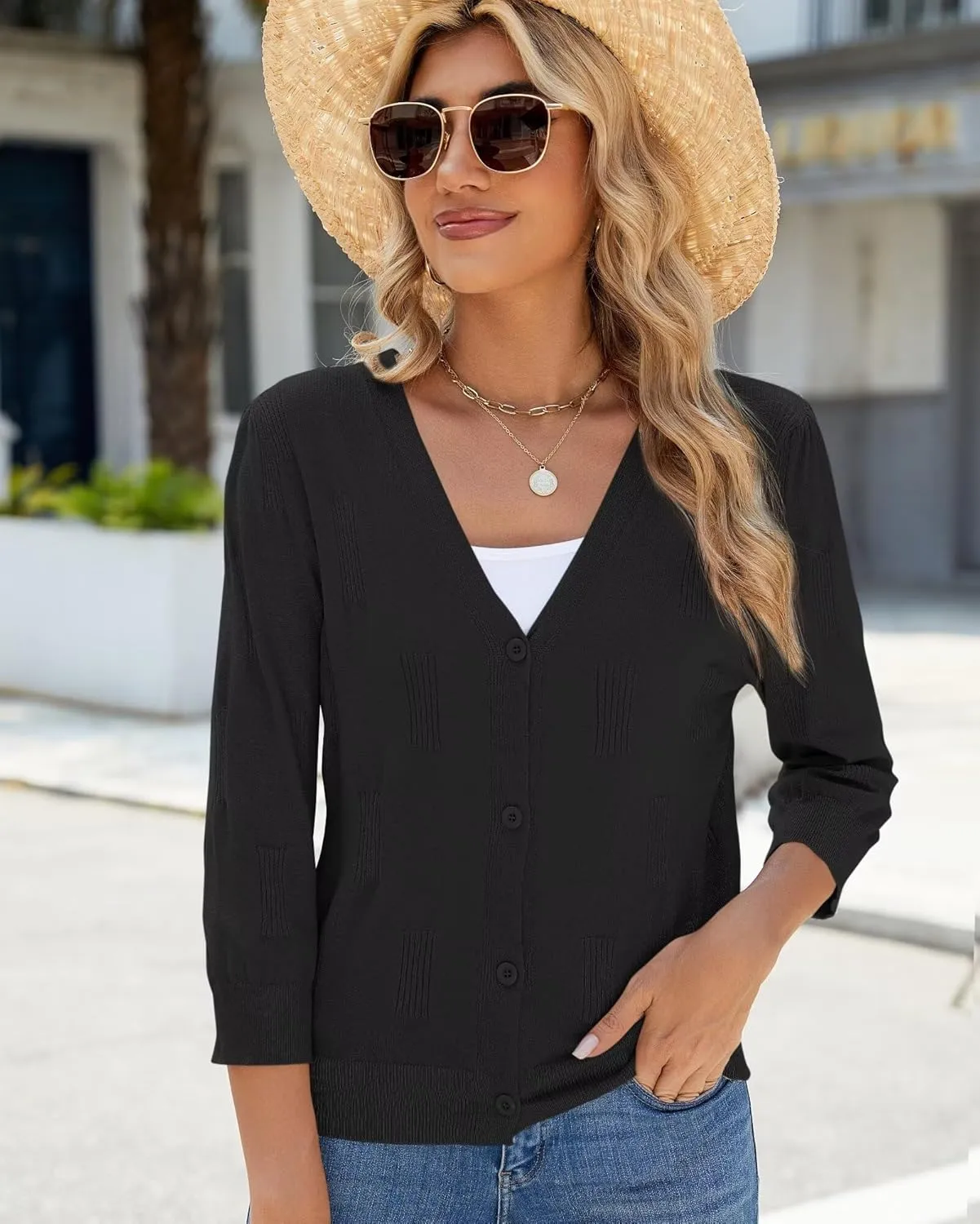 3/4 Sleeve Cardigan for Women Lightweight Summer Cardigan Open Front Cropped Shrugs Knit Sweater Tops
