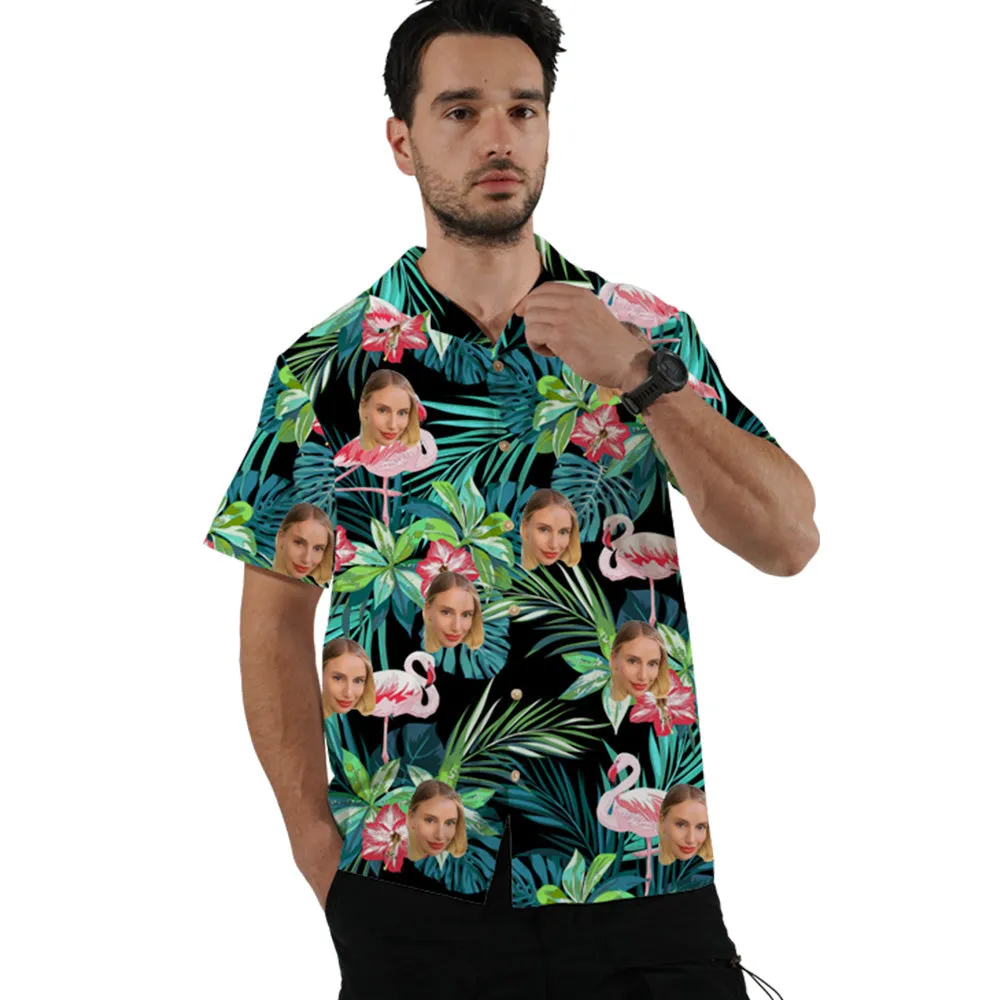 4FunGift® Custom Face All Over Print Hawaiian Shirt Flamingo Flowers And Leaves