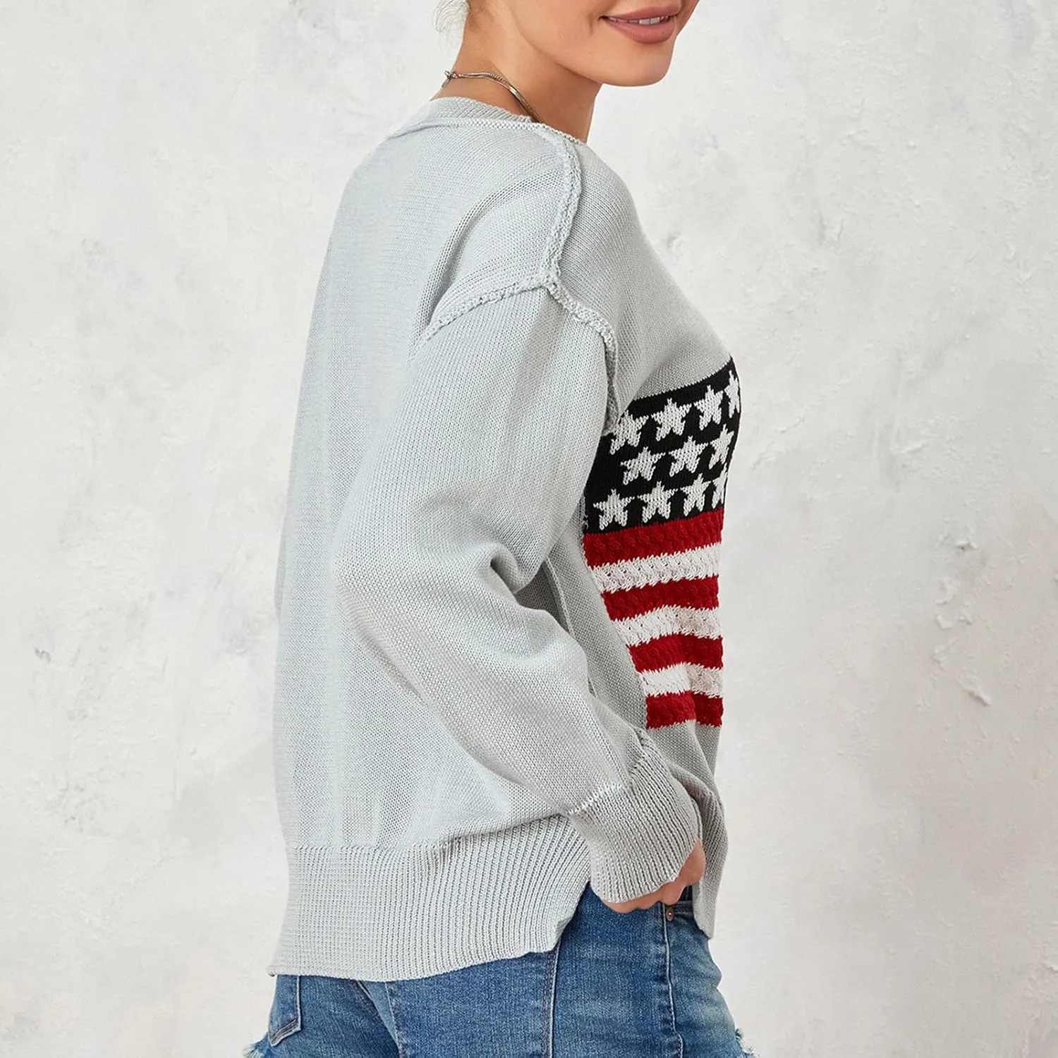 4th of July Vintage Sweater Long Sleeve Knit Pullover American Flag Sweatshirt Preppy Striped Sweaters