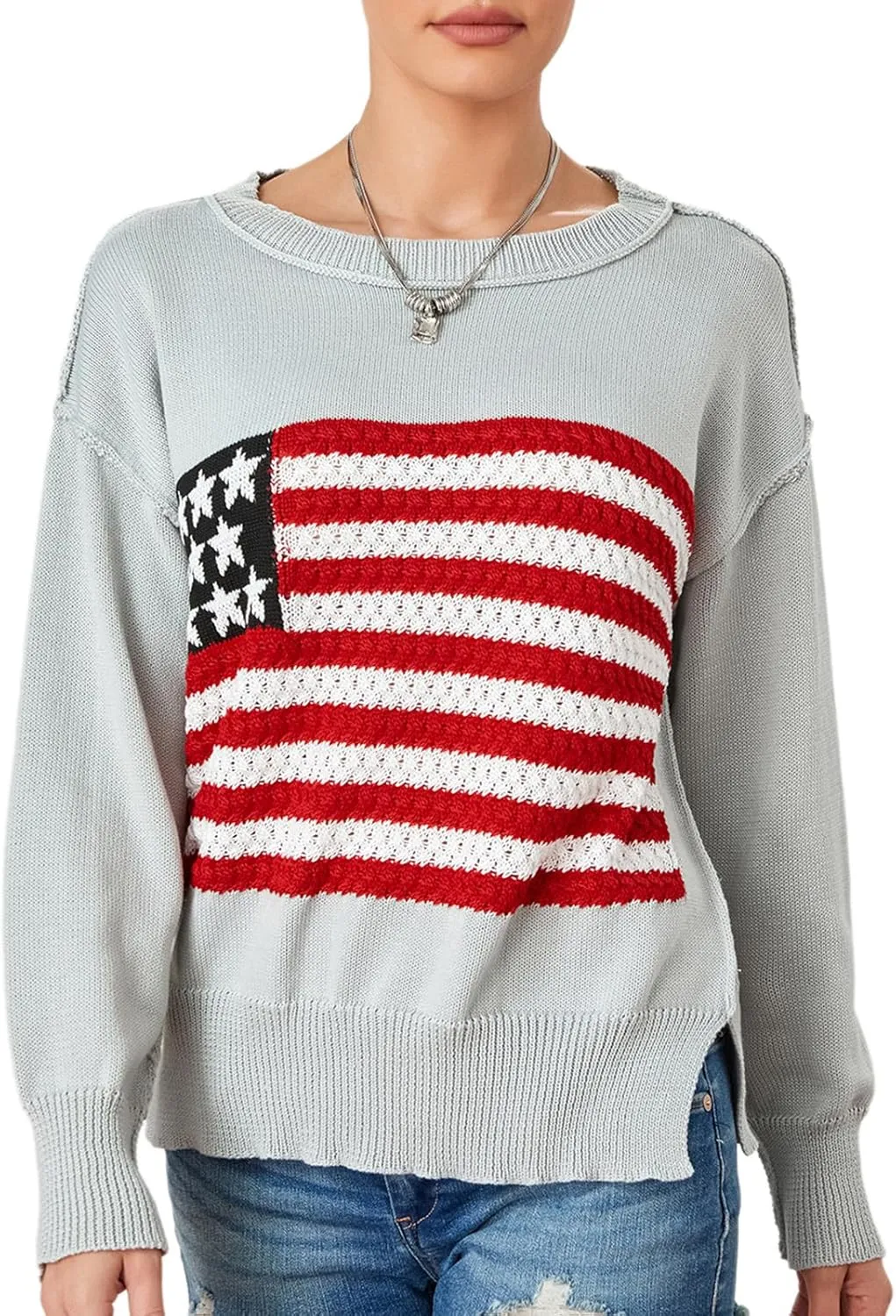 4th of July Vintage Sweater Long Sleeve Knit Pullover American Flag Sweatshirt Preppy Striped Sweaters