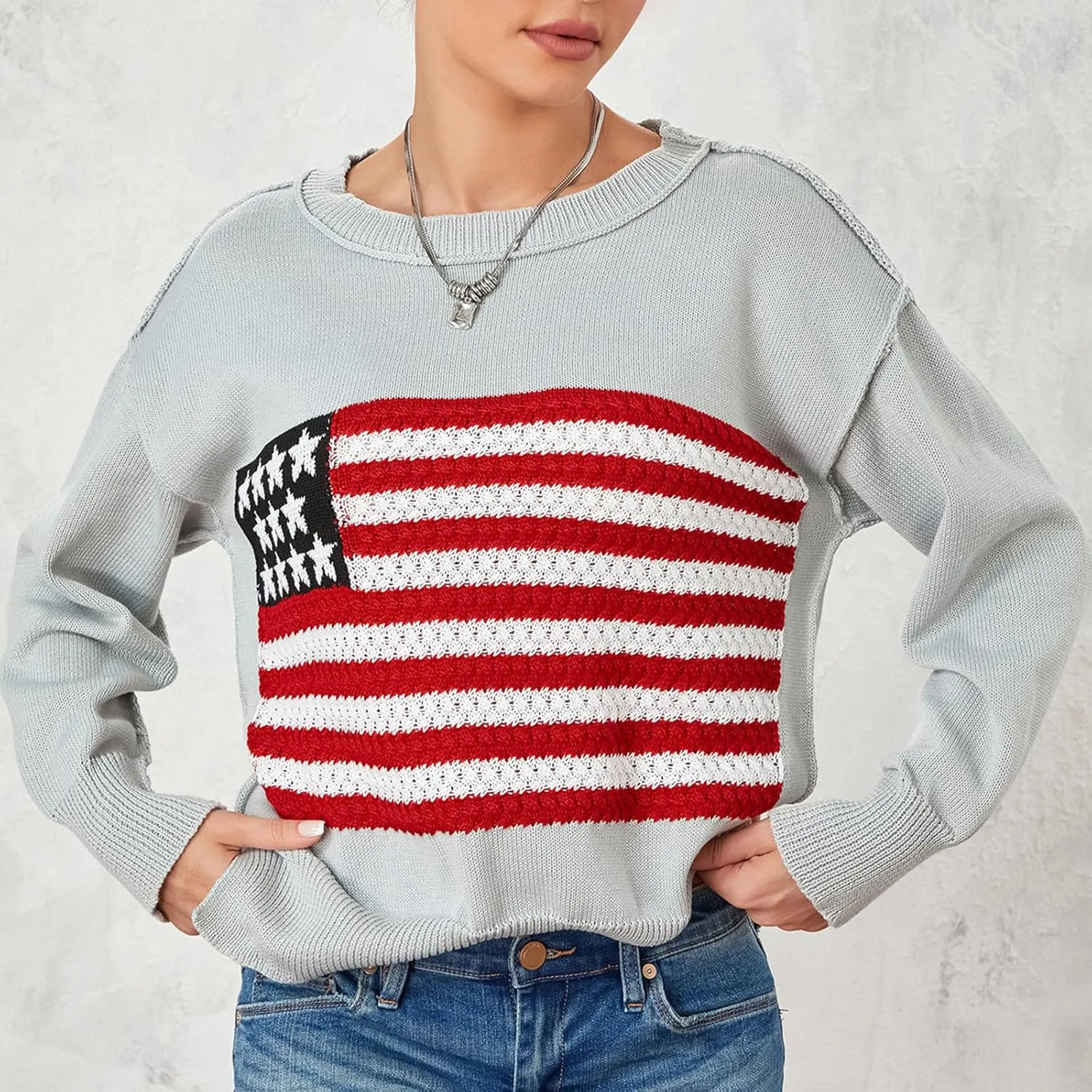 4th of July Vintage Sweater Long Sleeve Knit Pullover American Flag Sweatshirt Preppy Striped Sweaters