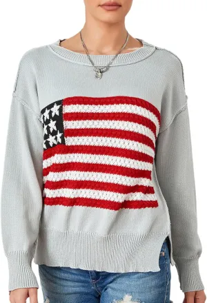 4th of July Vintage Sweater Long Sleeve Knit Pullover American Flag Sweatshirt Preppy Striped Sweaters