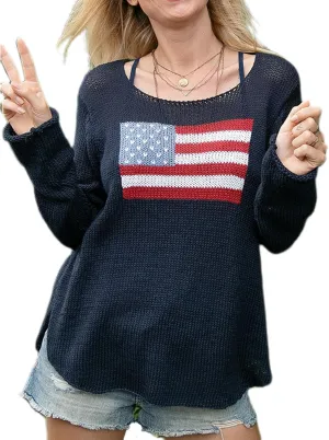 4th of July Vintage Sweater Long Sleeve Knit Pullover American Flag Sweatshirt Preppy Striped Sweaters