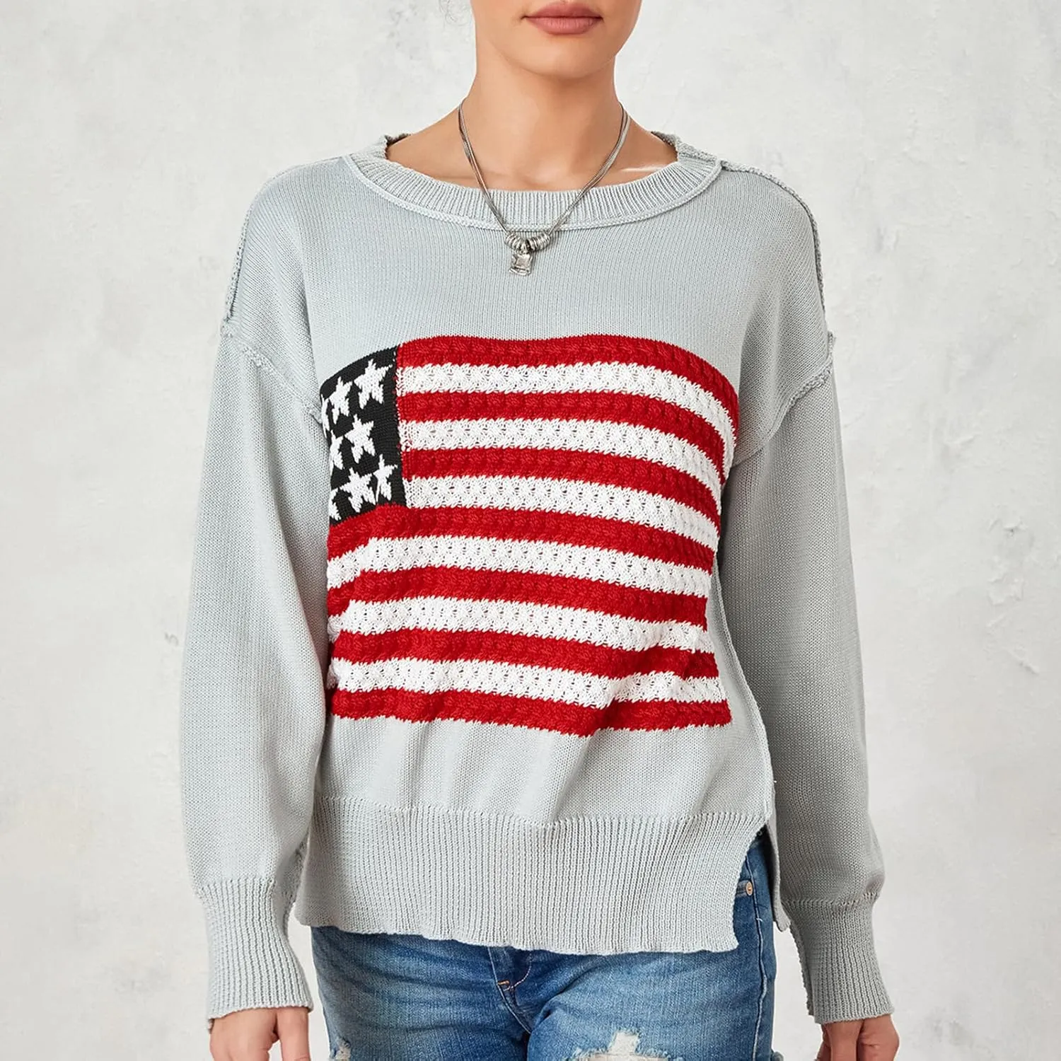 4th of July Vintage Sweater Long Sleeve Knit Pullover American Flag Sweatshirt Preppy Striped Sweaters