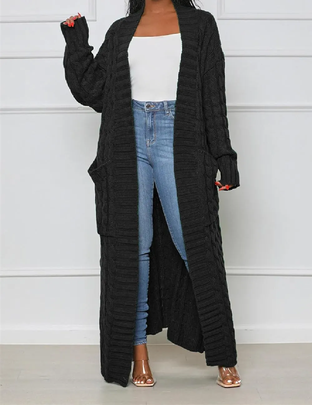 A ADILACA Women's Thin Type Stylish Cable Knit Cardigan with 2-Pockets, Women's Extra Long Ankle Length Sweater