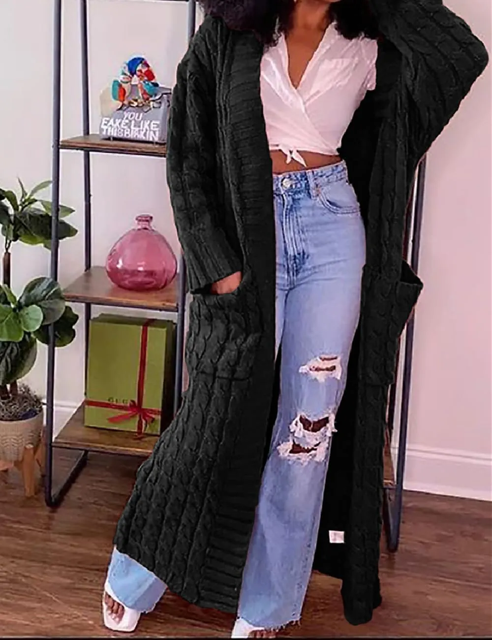 A ADILACA Women's Thin Type Stylish Cable Knit Cardigan with 2-Pockets, Women's Extra Long Ankle Length Sweater
