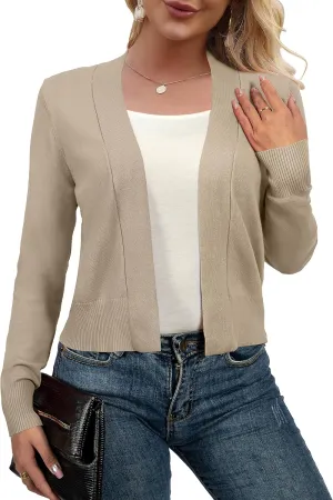 AAMILIFE Women Long Sleeve Cropped Knit Sweater Cardigans Open Front Bolero Shrug