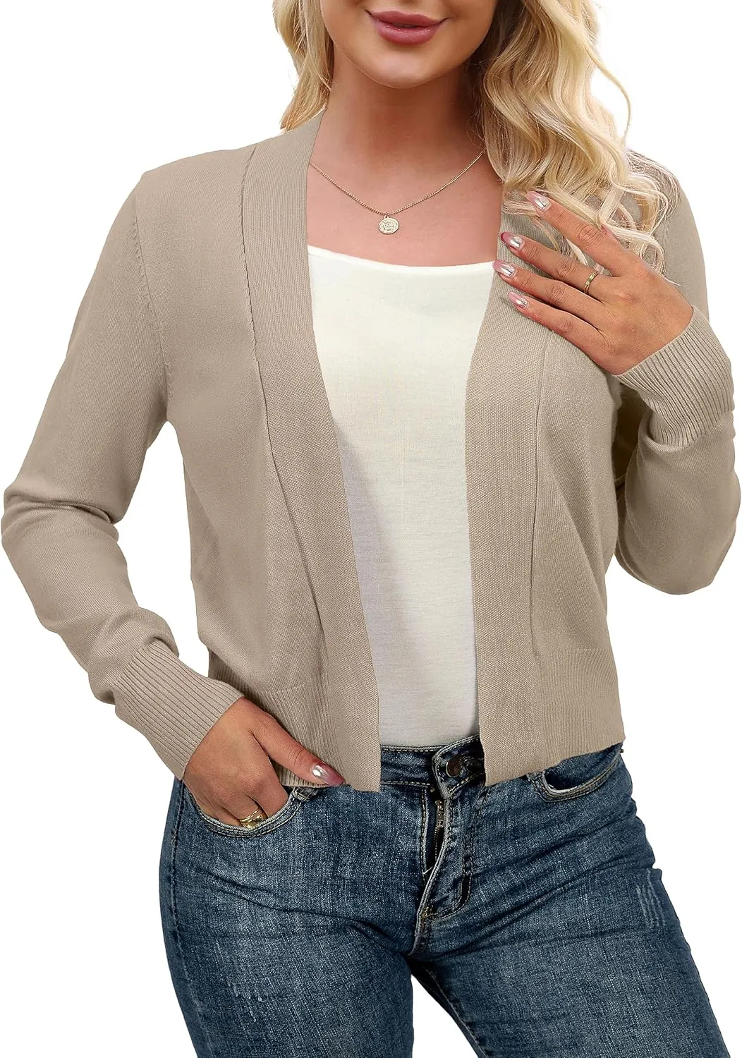 AAMILIFE Women Long Sleeve Cropped Knit Sweater Cardigans Open Front Bolero Shrug
