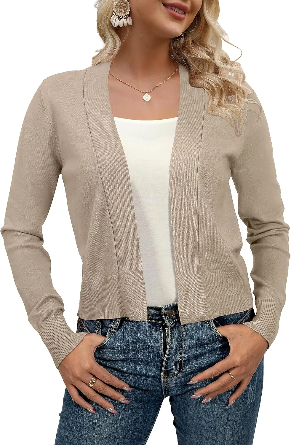 AAMILIFE Women Long Sleeve Cropped Knit Sweater Cardigans Open Front Bolero Shrug