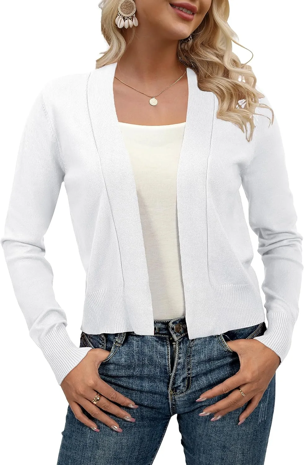 AAMILIFE Women Long Sleeve Cropped Knit Sweater Cardigans Open Front Bolero Shrug