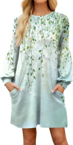 ADHOWBEW Dresses for Women 2025 Round Neck Sexy Plus Size Casual Trendy Long Sleeve Work Dress Long Sleeve