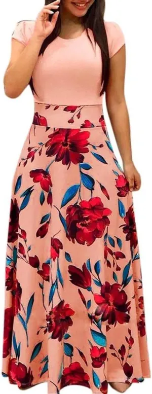 ADHOWBEW Womens Short Sleeve Empire Waist Floral Maxi Dress 2023 Summer Fashion Casual Plus Size Sundresses