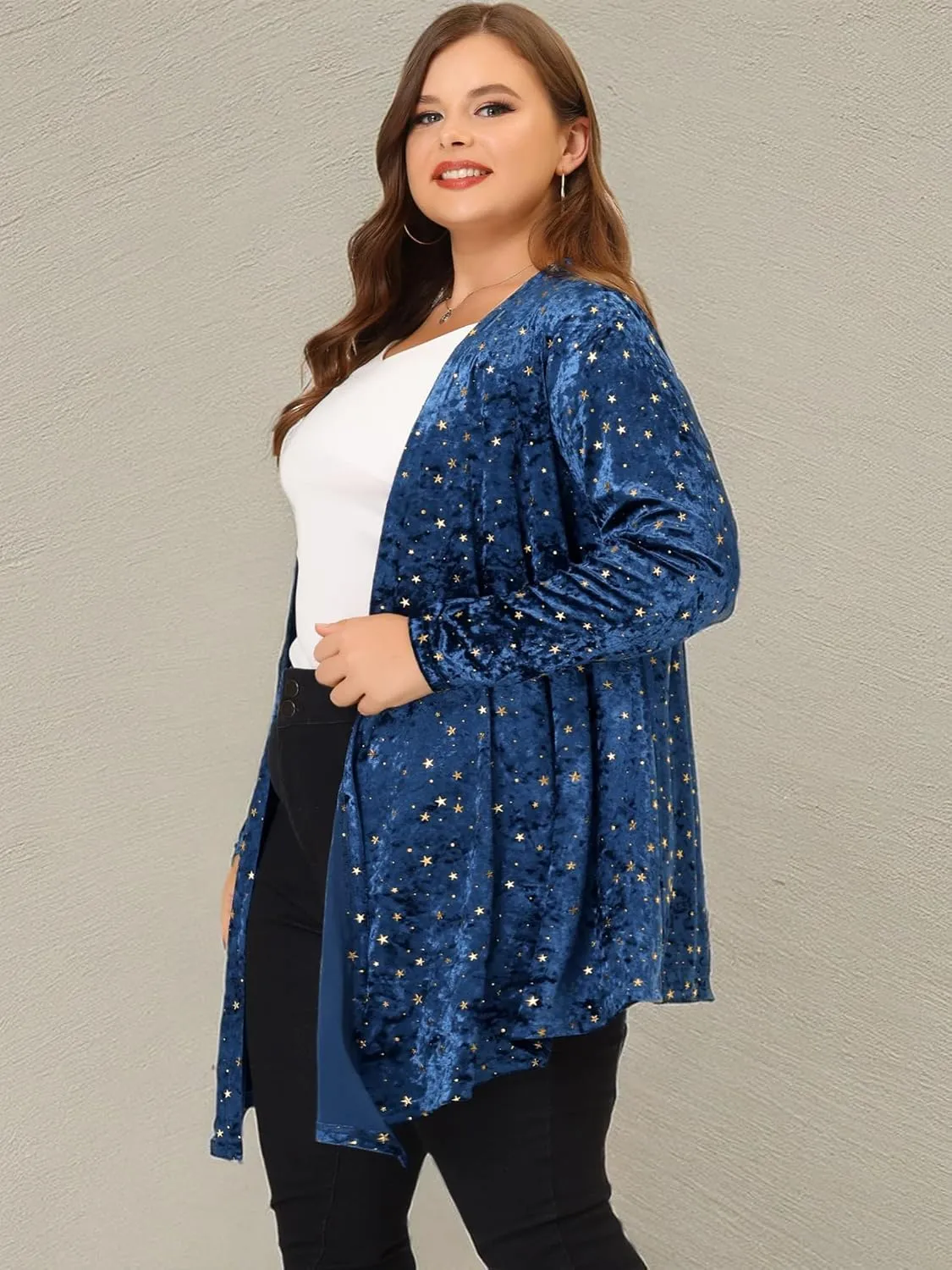 Agnes Orinda Women's Plus Size Cardigans Open Front Draped Shiny Party Velvet Cardigan