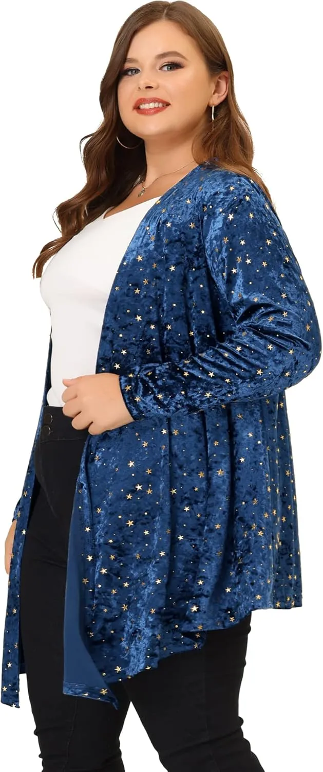 Agnes Orinda Women's Plus Size Cardigans Open Front Draped Shiny Party Velvet Cardigan