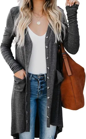 Alaster Queen Womens Open Front Cardigan Button Down High Low Hem Knitted Cardigan Outwear with Pockets