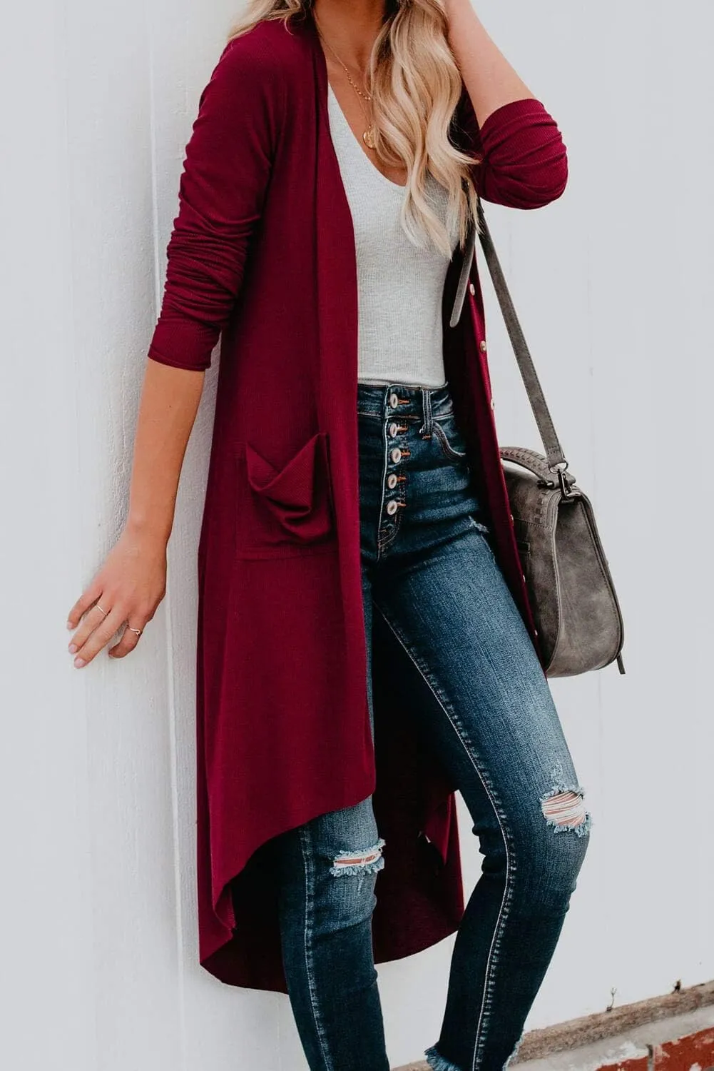 Alaster Queen Womens Open Front Cardigan Button Down High Low Hem Knitted Cardigan Outwear with Pockets