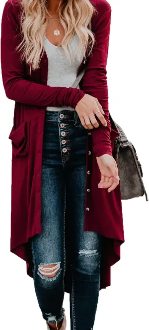 Alaster Queen Womens Open Front Cardigan Button Down High Low Hem Knitted Cardigan Outwear with Pockets