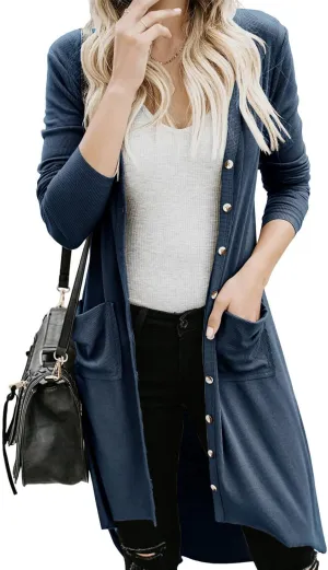Alaster Queen Womens Open Front Cardigan Button Down High Low Hem Knitted Cardigan Outwear with Pockets