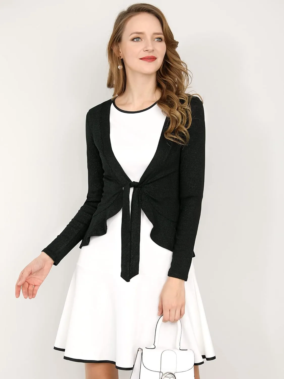 Allegra K Women's Dressy Cardigan Sweaters Tie Front Draped Ruffle Knit Cardigans
