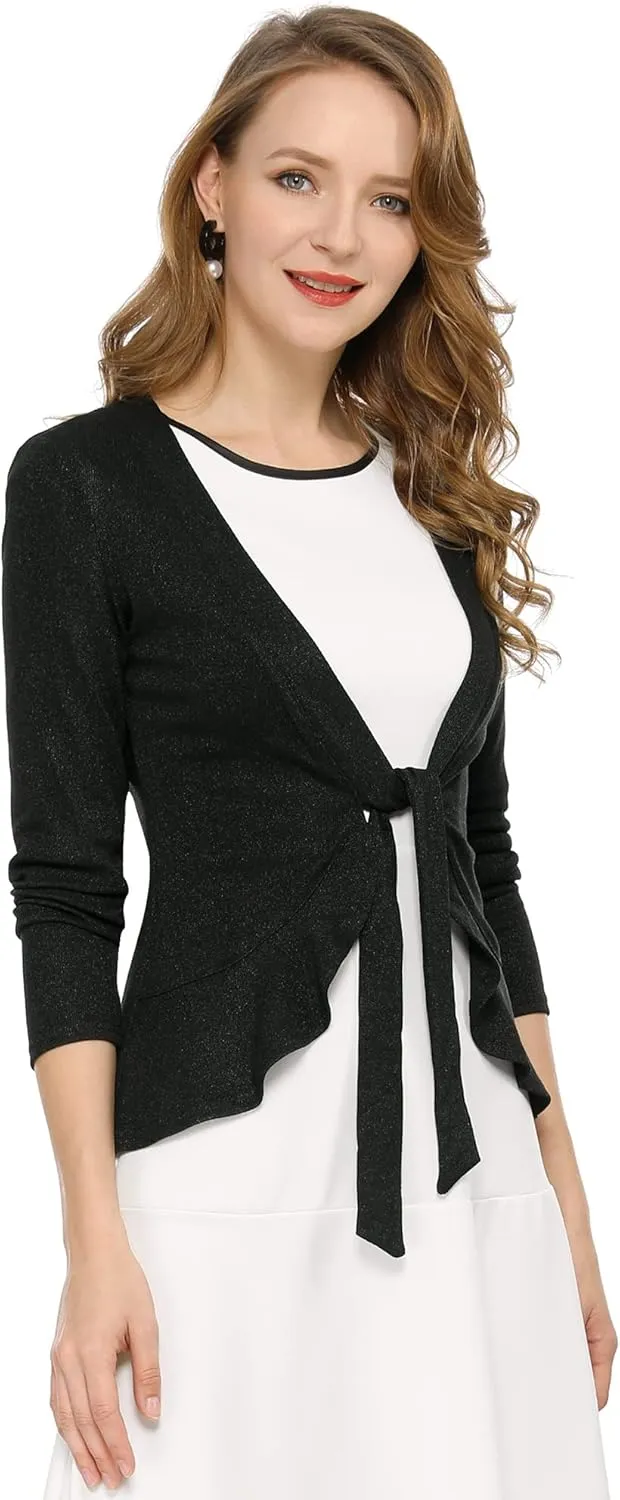 Allegra K Women's Dressy Cardigan Sweaters Tie Front Draped Ruffle Knit Cardigans