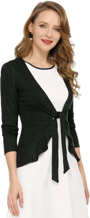 Allegra K Women's Dressy Cardigan Sweaters Tie Front Draped Ruffle Knit Cardigans