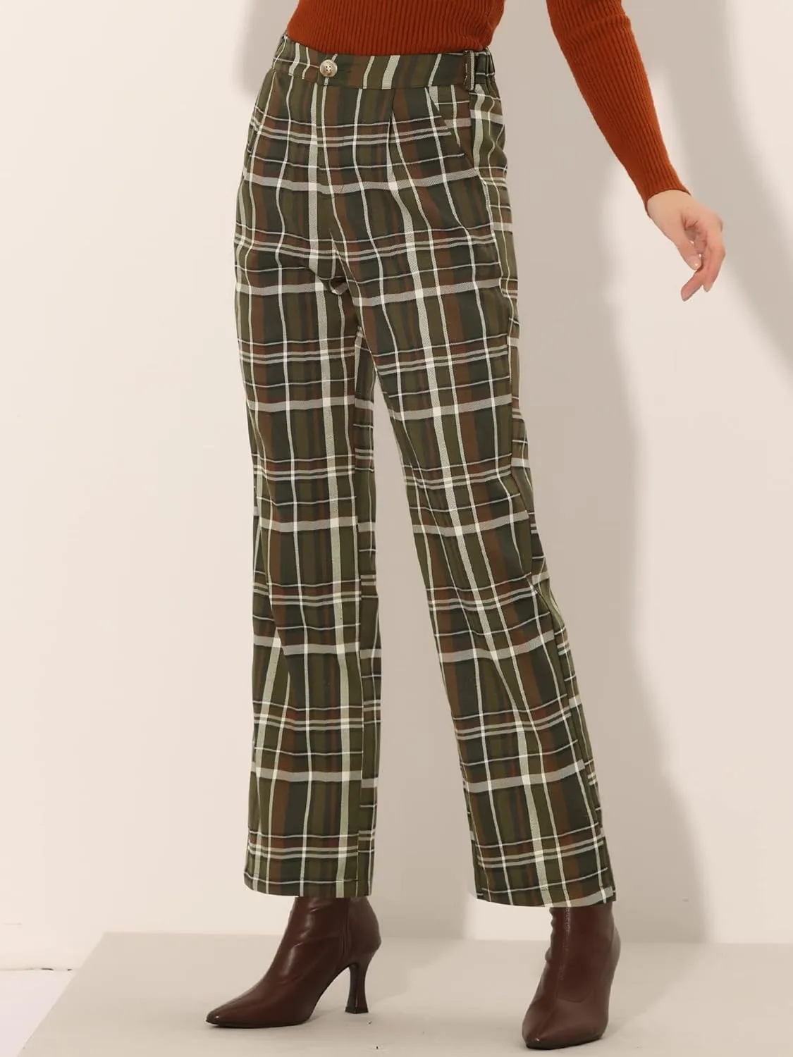 Allegra K Women's Plaid Pants Elastic Waist Casual Work Office Long Trousers