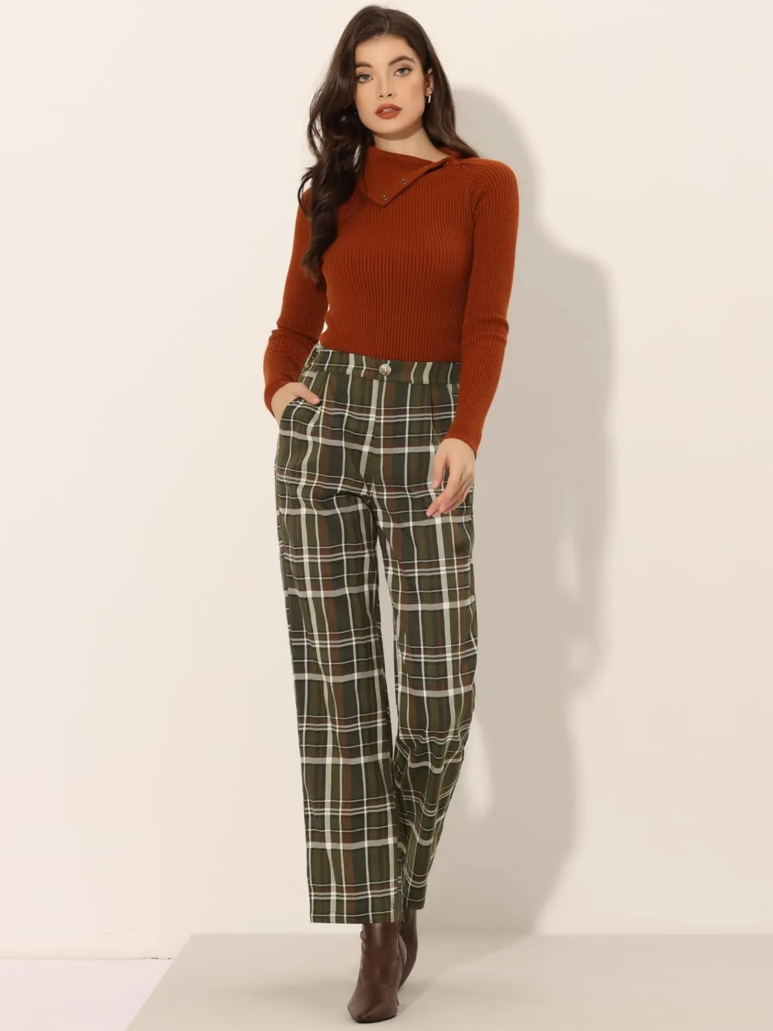 Allegra K Women's Plaid Pants Elastic Waist Casual Work Office Long Trousers