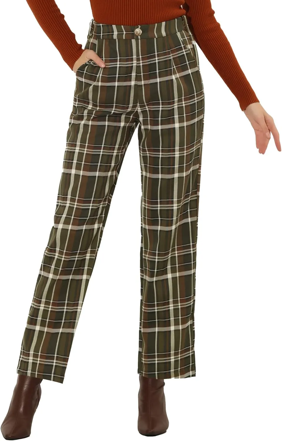 Allegra K Women's Plaid Pants Elastic Waist Casual Work Office Long Trousers