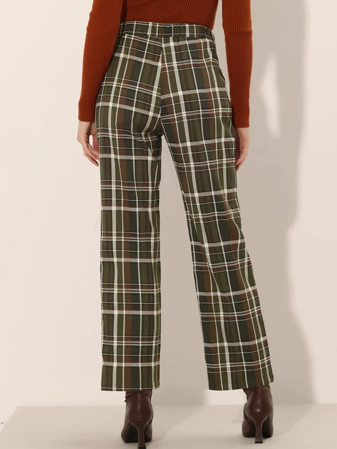 Allegra K Women's Plaid Pants Elastic Waist Casual Work Office Long Trousers