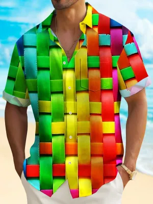 Alohadaddy Abstract Rainbow Geometric Men's Hawaiian Shirt Stretch Quick-Dry Camping Pocket Shirt Big Tall