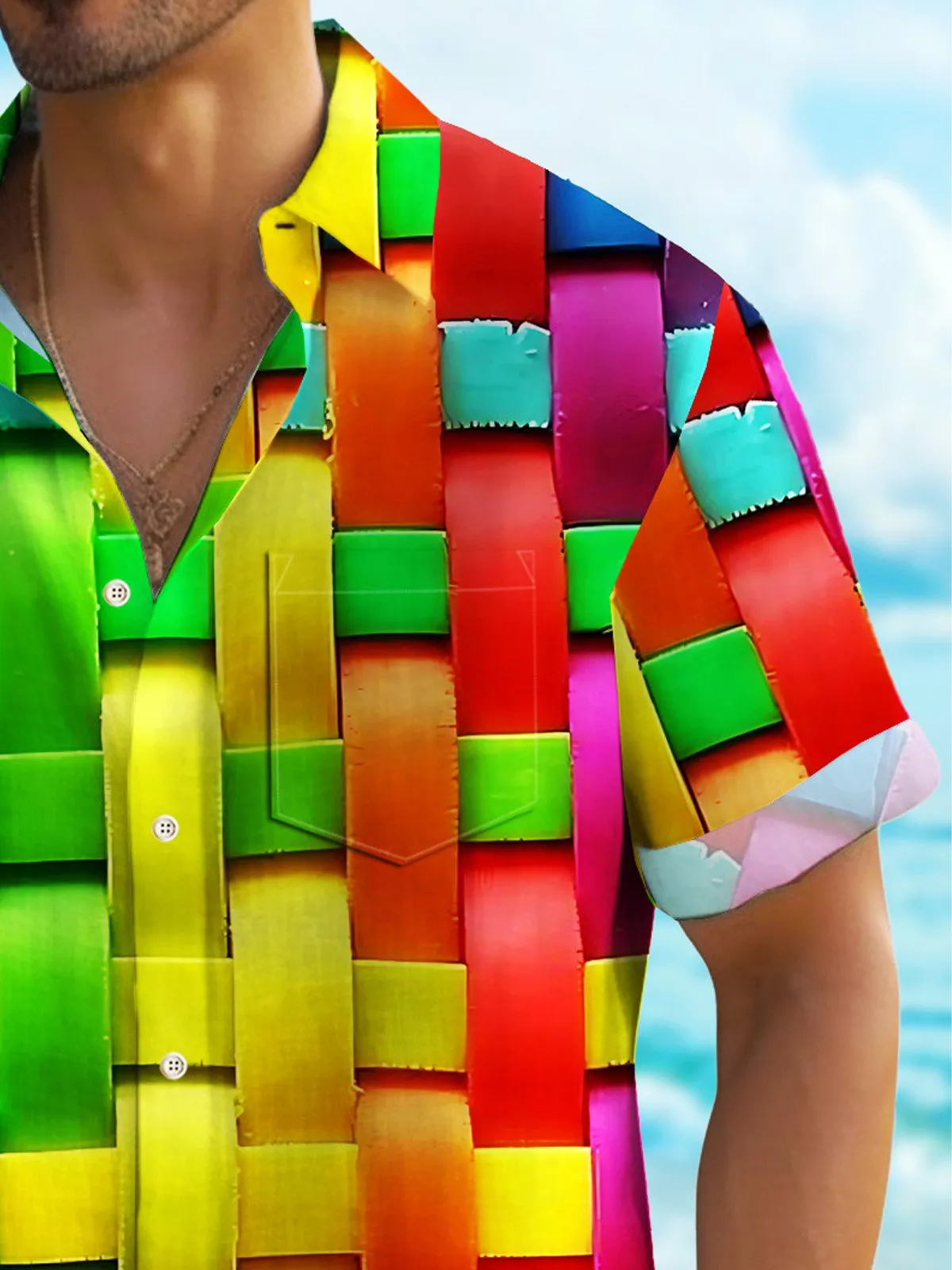Alohadaddy Abstract Rainbow Geometric Men's Hawaiian Shirt Stretch Quick-Dry Camping Pocket Shirt Big Tall