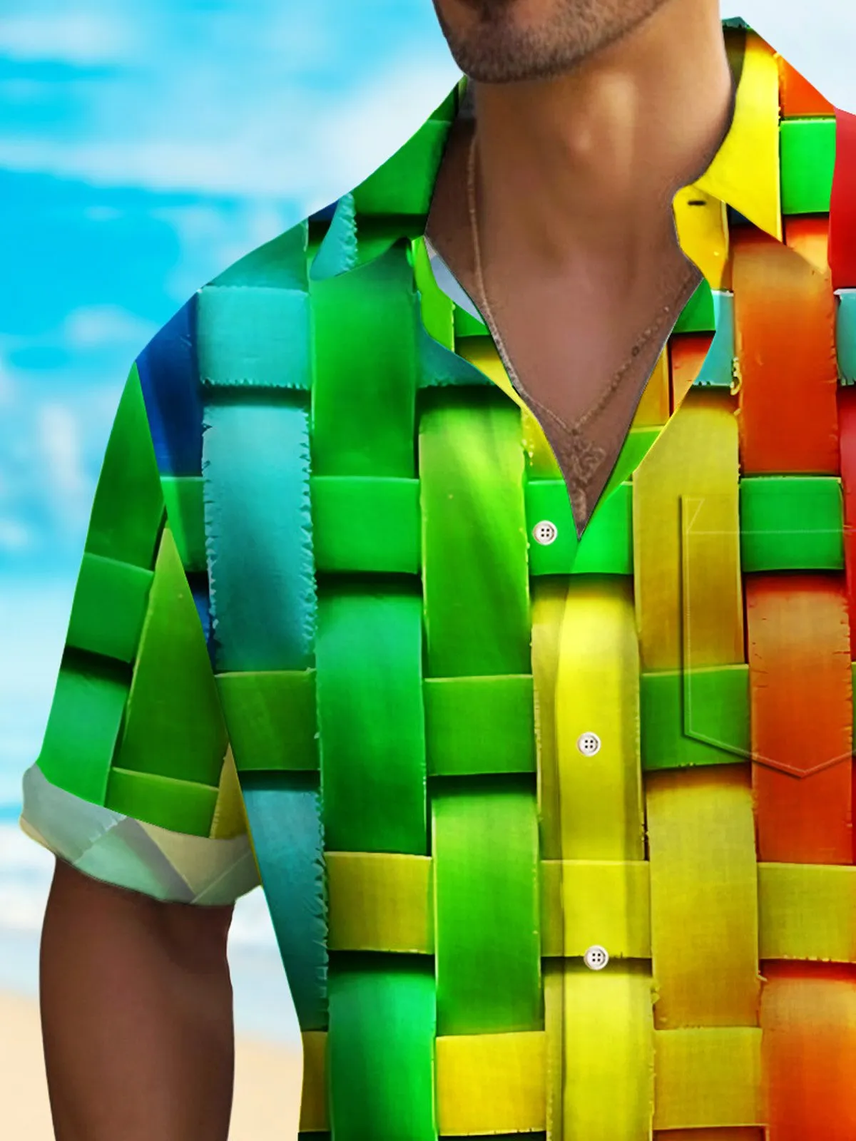 Alohadaddy Abstract Rainbow Geometric Men's Hawaiian Shirt Stretch Quick-Dry Camping Pocket Shirt Big Tall