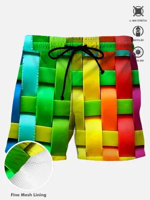 Alohadaddy Beach Rainbow Plaid Men's Hawaiian Board Shorts Surf Geometric Art Quick-Dry Pockets Big Tall