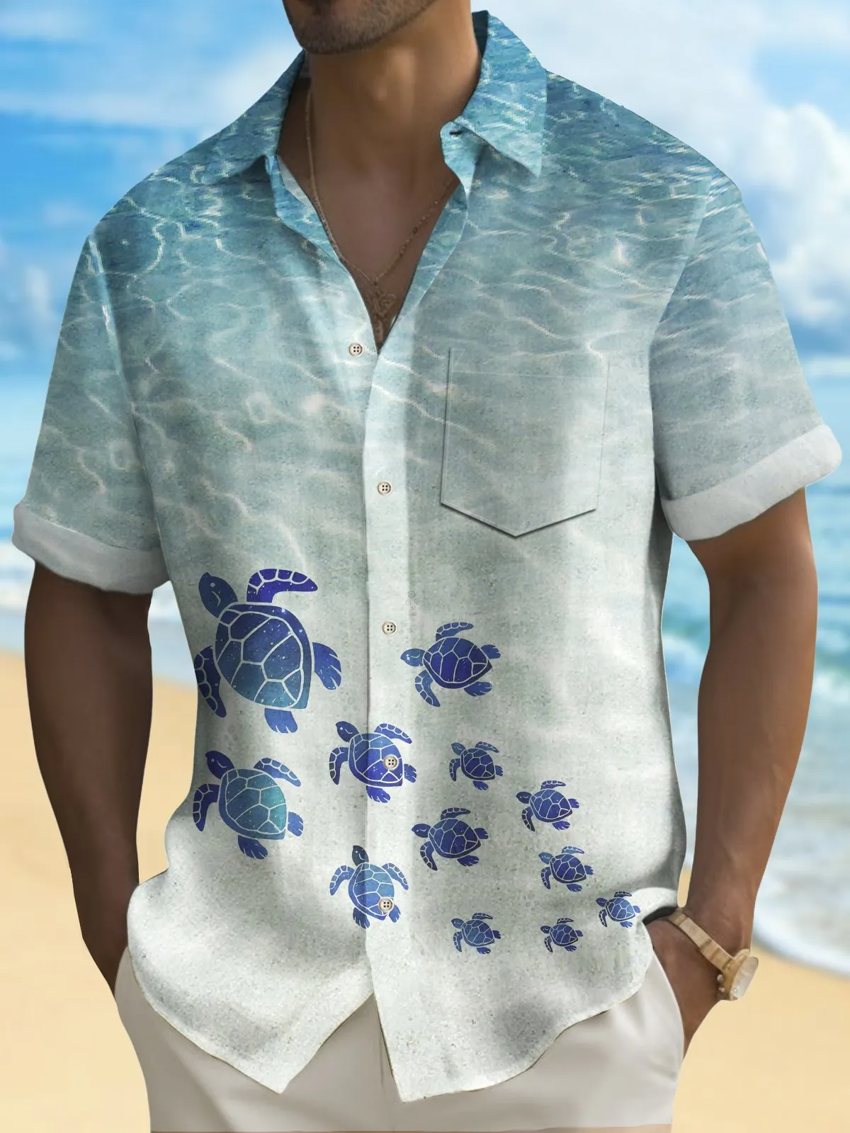 Alohadaddy Beach Vacation Men's Hawaiian Shirt Turtle Print Quick Dry Pocket Camping Shirt Big Tall