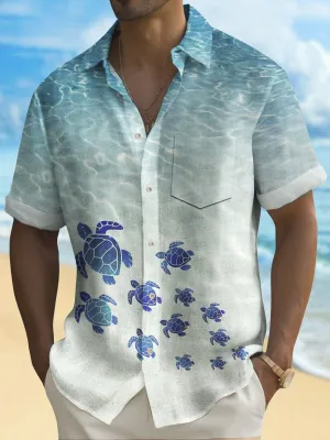 Alohadaddy Beach Vacation Men's Hawaiian Shirt Turtle Print Quick Dry Pocket Camping Shirt Big Tall