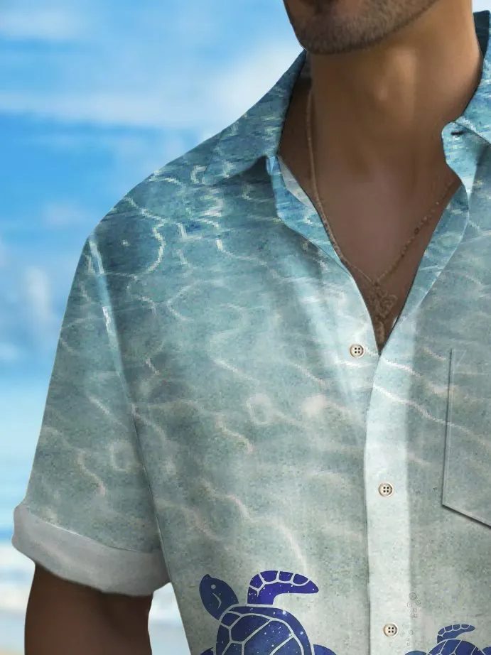 Alohadaddy Beach Vacation Men's Hawaiian Shirt Turtle Print Quick Dry Pocket Camping Shirt Big Tall