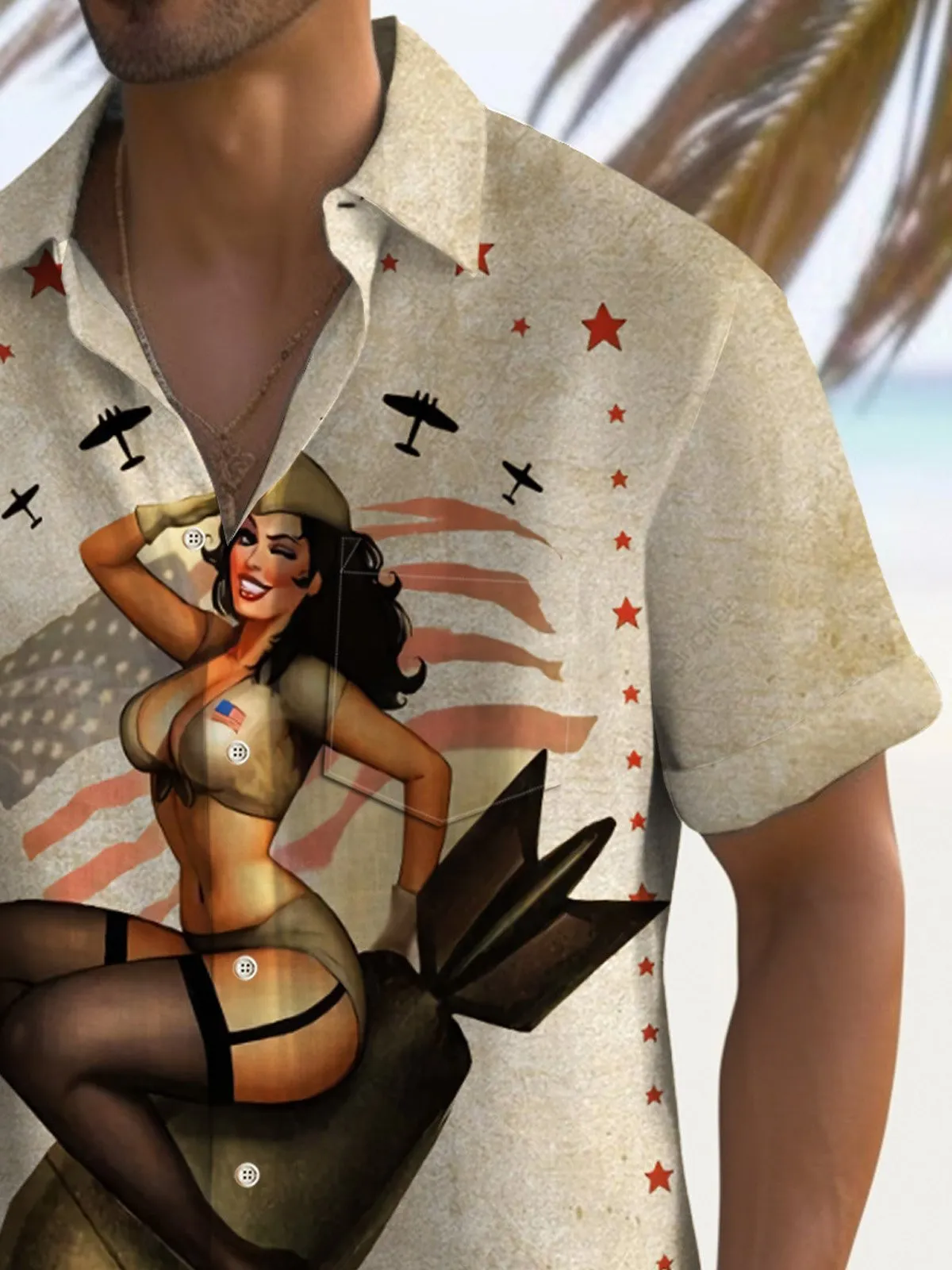 Alohadaddy Independence Day Men's Hawaiian Shirt Atomic Bomb Poster Girl Art Quick Dry Pocket Shirt Big Tall