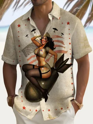 Alohadaddy Independence Day Men's Hawaiian Shirt Atomic Bomb Poster Girl Art Quick Dry Pocket Shirt Big Tall
