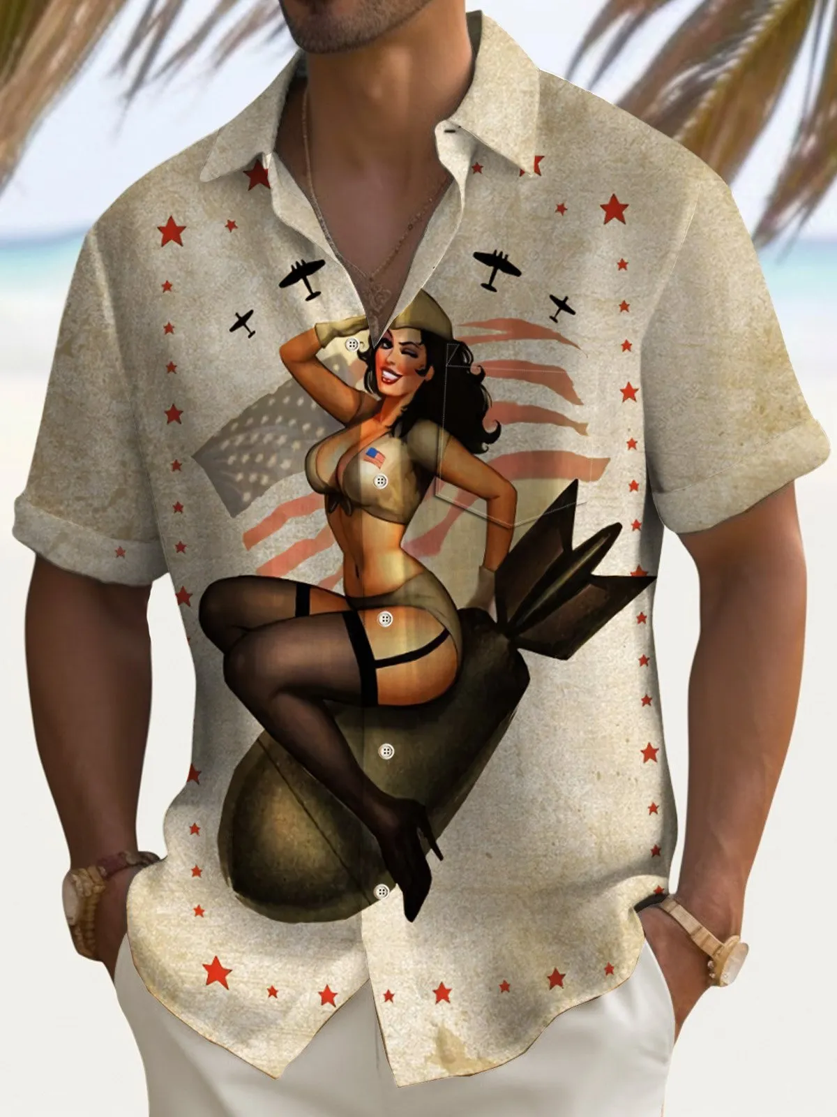 Alohadaddy Independence Day Men's Hawaiian Shirt Atomic Bomb Poster Girl Art Quick Dry Pocket Shirt Big Tall
