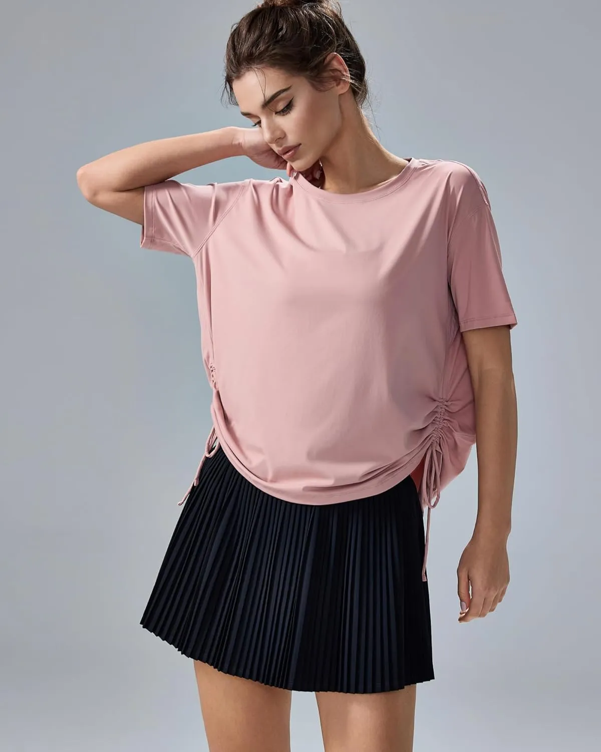 altiland Drawstring Side Ruched Workout T Shirt for Woman, Quick Dry Athletic Tee Yoga Exercise Running Tops Loose Fit