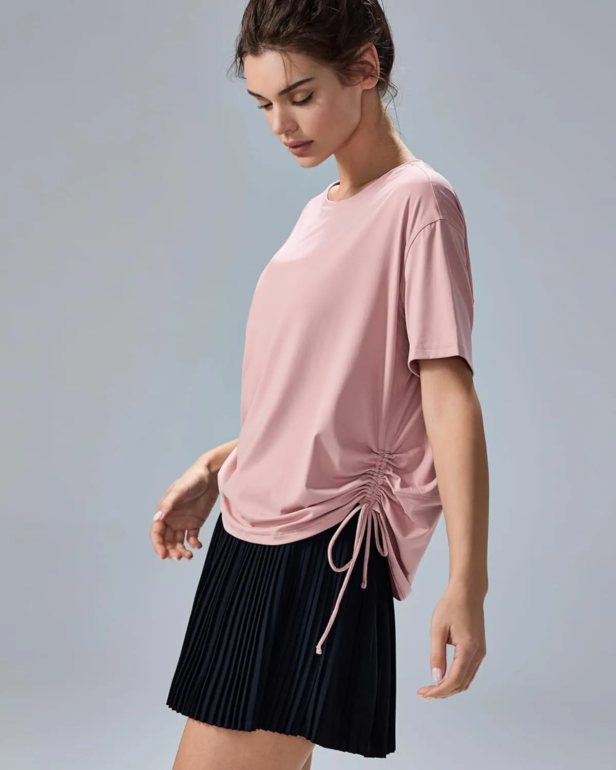 altiland Drawstring Side Ruched Workout T Shirt for Woman, Quick Dry Athletic Tee Yoga Exercise Running Tops Loose Fit
