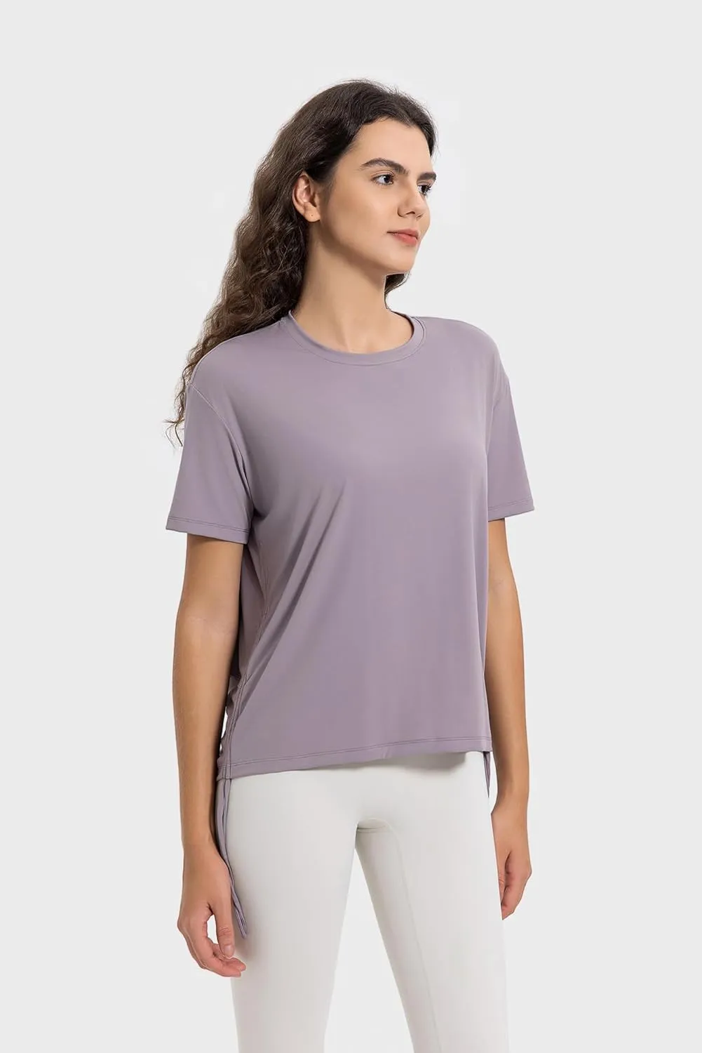 altiland Drawstring Side Ruched Workout T Shirt for Woman, Quick Dry Athletic Tee Yoga Exercise Running Tops Loose Fit
