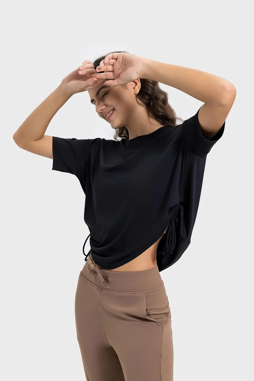 altiland Drawstring Side Ruched Workout T Shirt for Woman, Quick Dry Athletic Tee Yoga Exercise Running Tops Loose Fit
